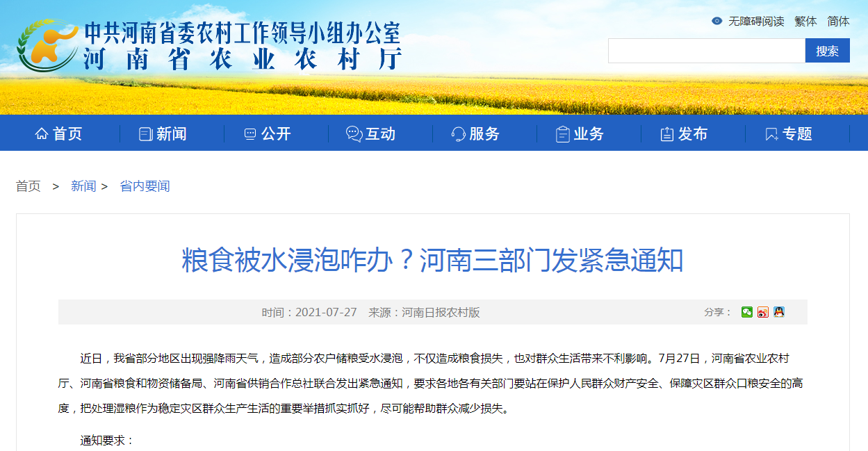 糧食被水浸泡咋辦？河南三部門發(fā)緊急通知